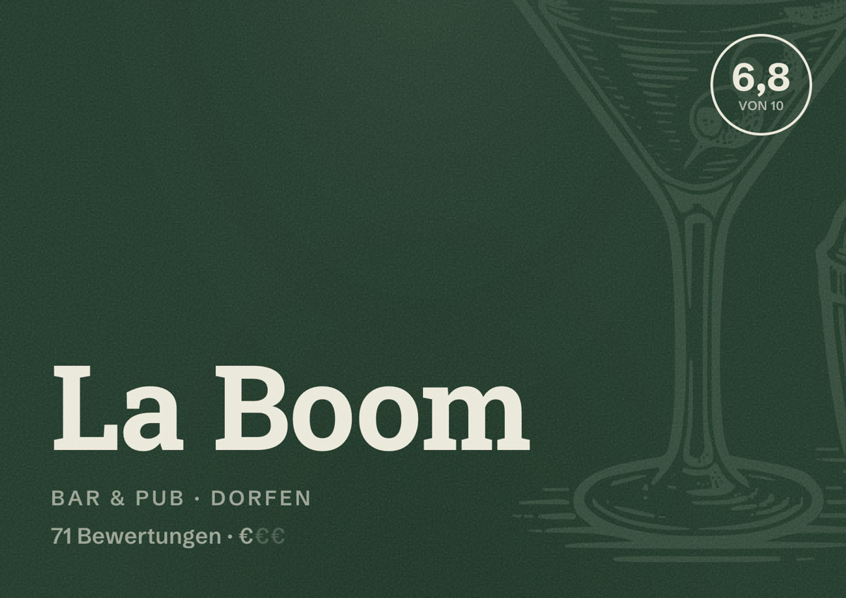 Illustriertes Poster von La Boom, Bar & Pub in Dorfen: Bewertung 6,8 von 10 aus 71 Bewertungen, Preisniveau €