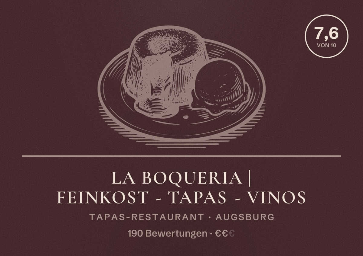 Illustriertes Poster von La Boqueria | Feinkost - Tapas - Vinos, Tapas-Restaurant in Augsburg: Bewertung 7,6 von 10 aus 190 Bewertungen, Preisniveau €€