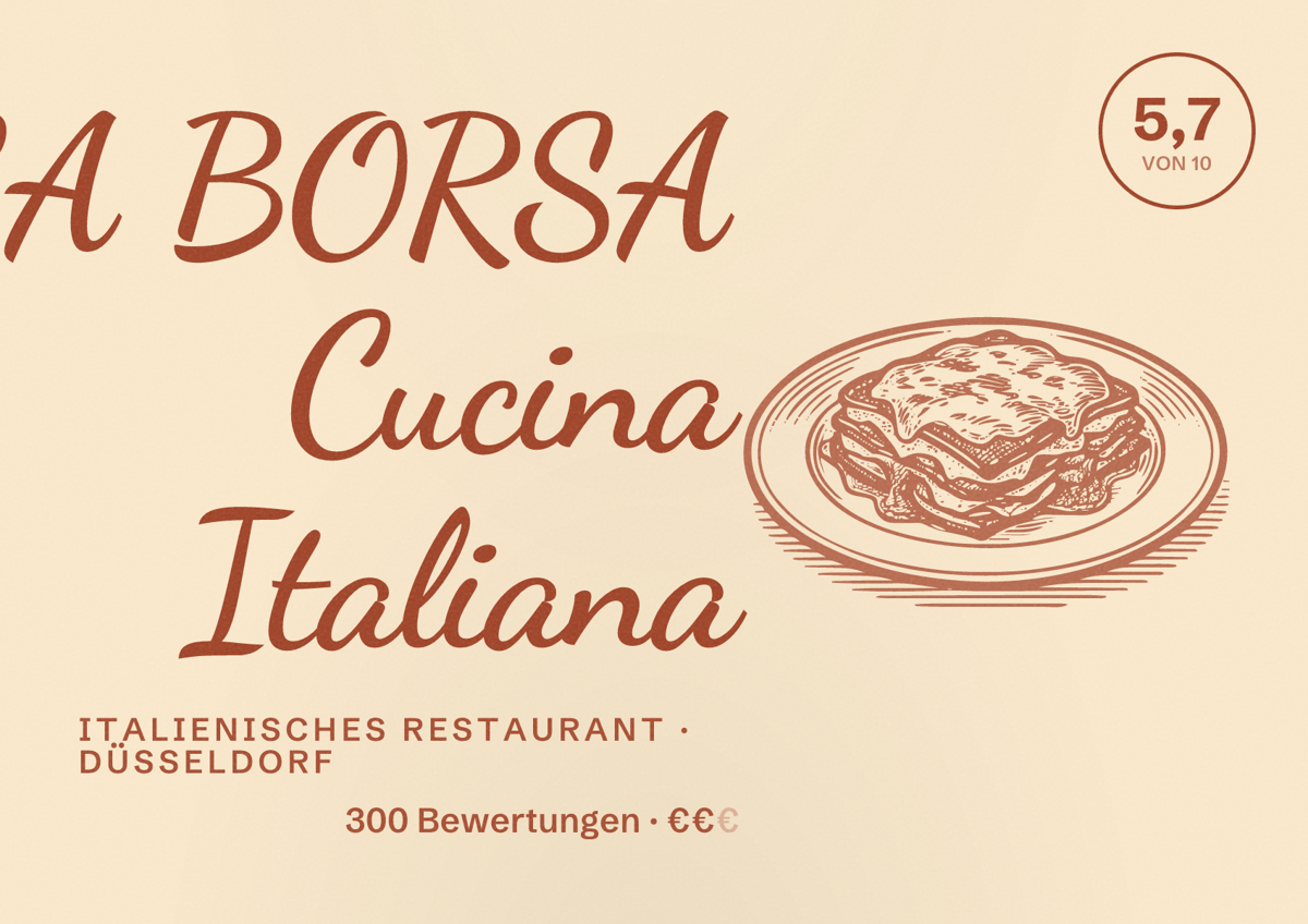 Illustriertes Poster von LA BORSA Cucina Italiana, Italienisches Restaurant in Düsseldorf: Bewertung 5,7 von 10 aus 300 Bewertungen, Preisniveau €€