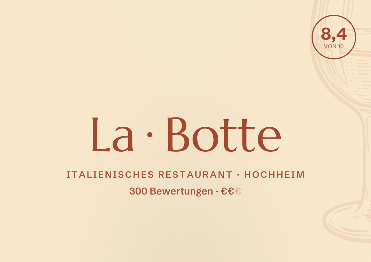 Illustriertes Poster von La Botte, Italienisches Restaurant in Hochheim: Bewertung 8,4 von 10 aus 300 Bewertungen, Preisniveau €€