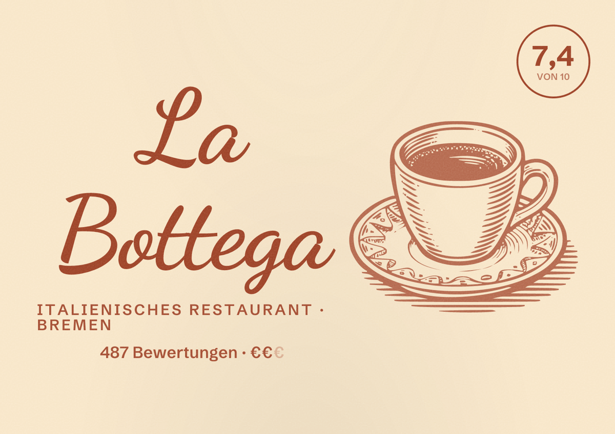 Illustriertes Poster von La Bottega, Italienisches Restaurant in Bremen: Bewertung 7,4 von 10 aus 487 Bewertungen, Preisniveau €€
