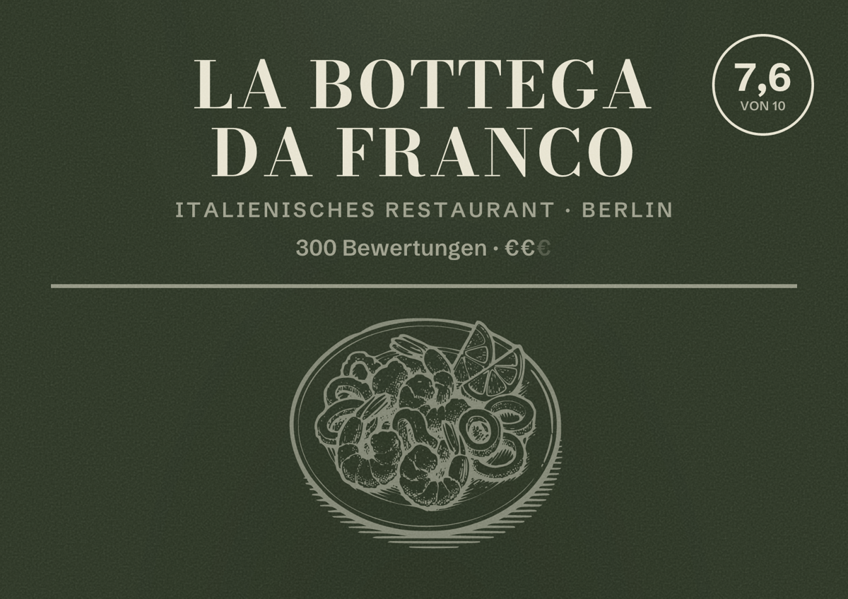 Illustriertes Poster von La Bottega Da Franco, Italienisches Restaurant in Berlin: Bewertung 7,6 von 10 aus 300 Bewertungen, Preisniveau €€