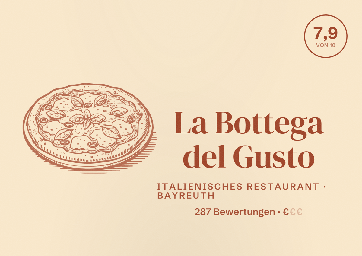 Illustriertes Poster von La Bottega del Gusto, Italienisches Restaurant in Bayreuth: Bewertung 7,9 von 10 aus 287 Bewertungen, Preisniveau €