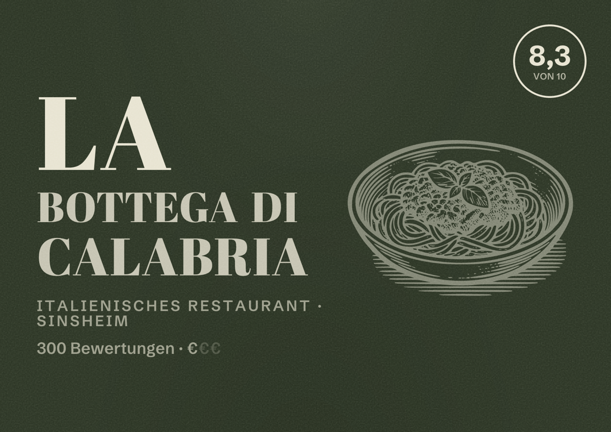 Illustriertes Poster von La Bottega di Calabria, Italienisches Restaurant in Sinsheim: Bewertung 8,3 von 10 aus 300 Bewertungen, Preisniveau €