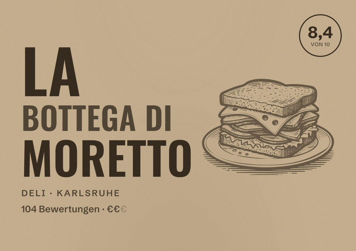 Illustriertes Poster von LA BOTTEGA DI MORETTO, Deli in Karlsruhe: Bewertung 8,4 von 10 aus 104 Bewertungen, Preisniveau €€