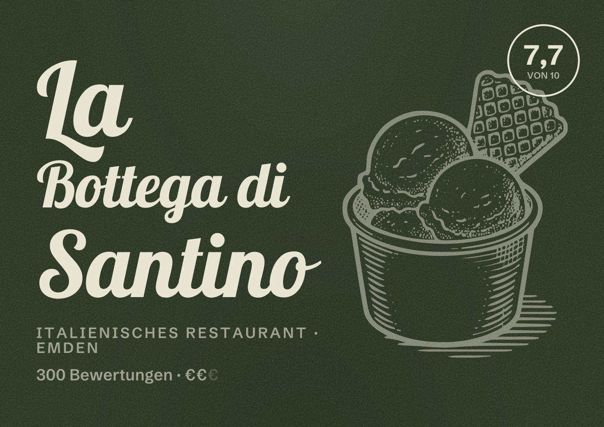 Illustriertes Poster von La Bottega di Santino, Italienisches Restaurant in Emden: Bewertung 7,7 von 10 aus 300 Bewertungen, Preisniveau €€