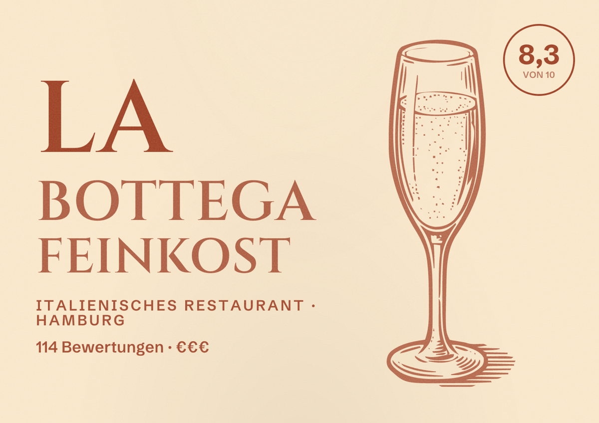 Illustriertes Poster von La Bottega Feinkost, Italienisches Restaurant in Hamburg: Bewertung 8,3 von 10 aus 114 Bewertungen, Preisniveau €€€