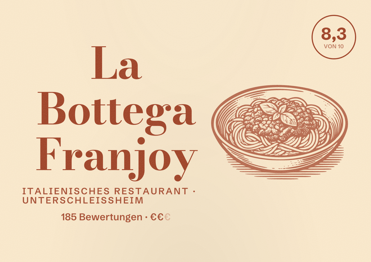 Illustriertes Poster von La Bottega Franjoy, Italienisches Restaurant in Unterschleißheim: Bewertung 8,3 von 10 aus 185 Bewertungen, Preisniveau €€
