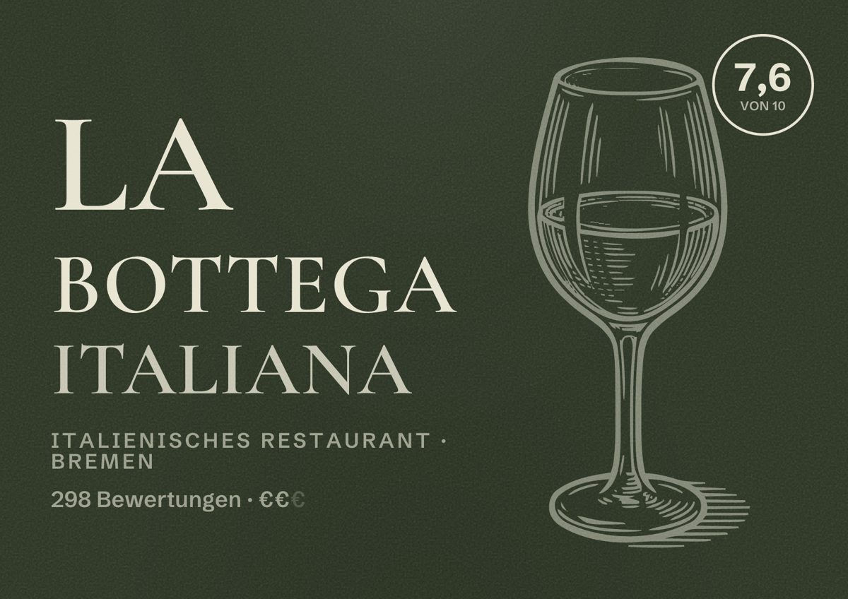 Illustriertes Poster von La Bottega Italiana, Italienisches Restaurant in Bremen: Bewertung 7,6 von 10 aus 298 Bewertungen, Preisniveau €€