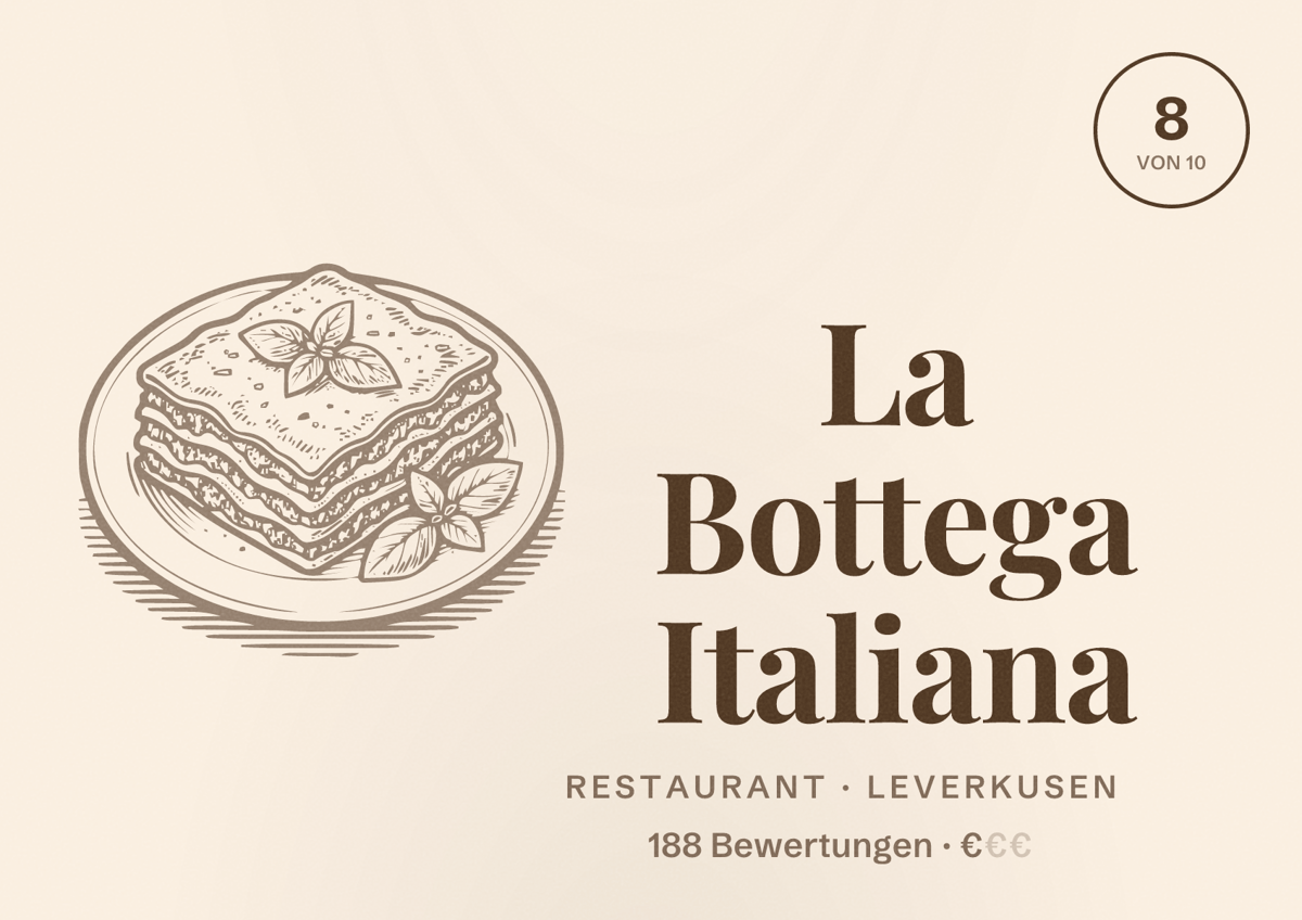 Illustriertes Poster von La Bottega Italiana, Restaurant in Leverkusen: Bewertung 8 von 10 aus 188 Bewertungen, Preisniveau €