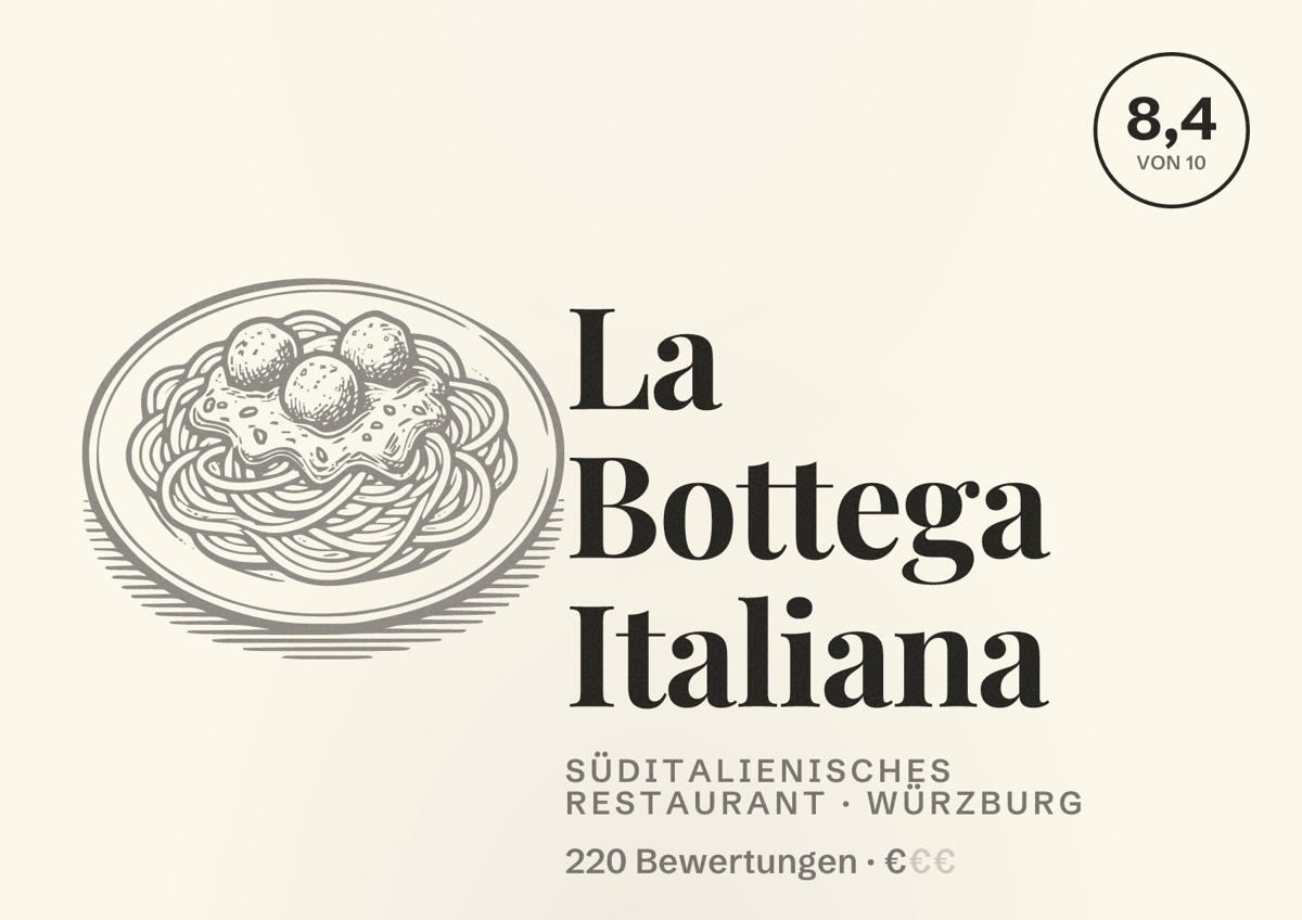 Illustriertes Poster von La Bottega Italiana, Süditalienisches Restaurant in Würzburg: Bewertung 8,4 von 10 aus 220 Bewertungen, Preisniveau €