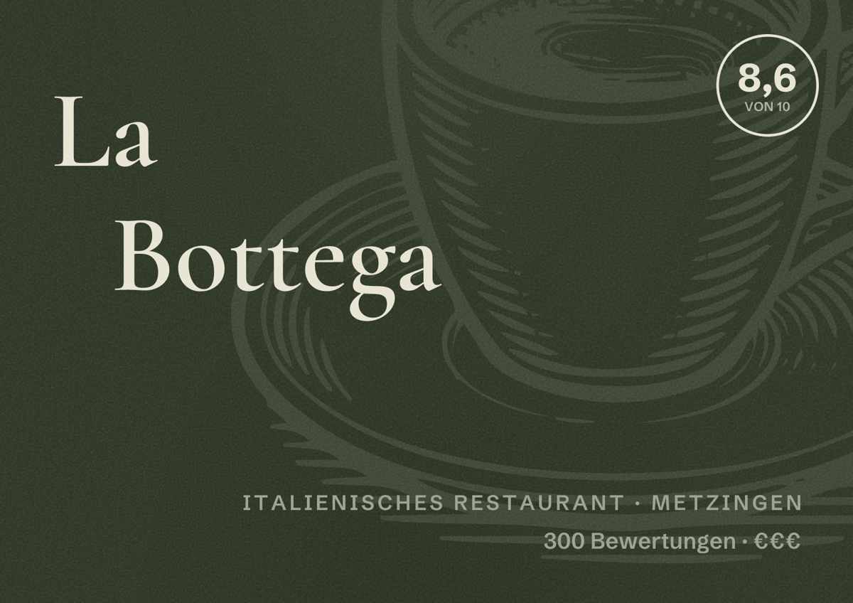 Illustriertes Poster von La Bottega, Italienisches Restaurant in Metzingen: Bewertung 8,6 von 10 aus 300 Bewertungen, Preisniveau €€€