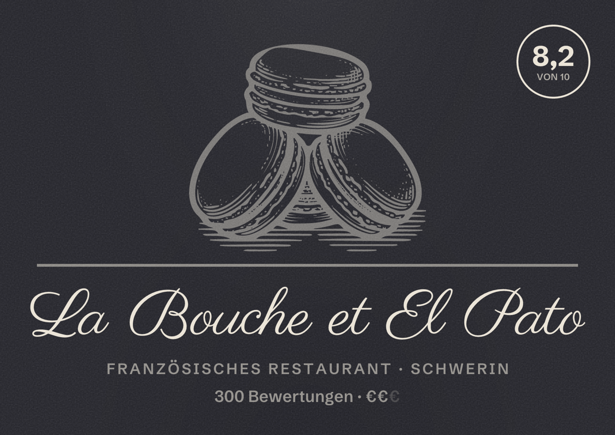 Illustriertes Poster von La Bouche et El Pato, Französisches Restaurant in Schwerin: Bewertung 8,2 von 10 aus 300 Bewertungen, Preisniveau €€
