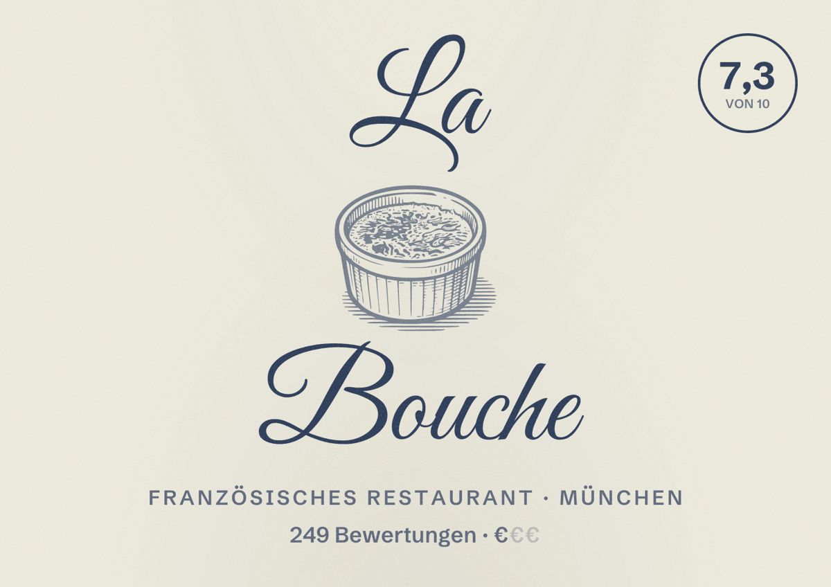 Illustriertes Poster von La Bouche, Französisches Restaurant in München: Bewertung 7,3 von 10 aus 249 Bewertungen, Preisniveau €