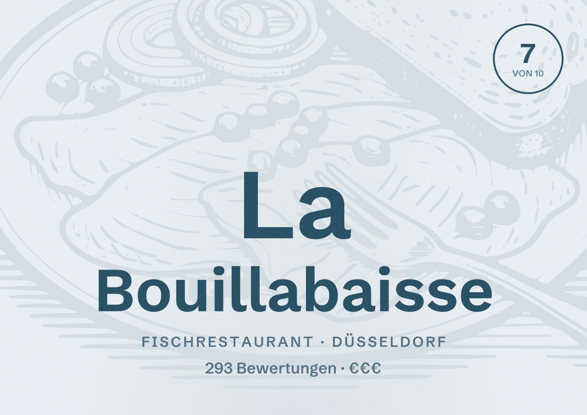 Illustriertes Poster von La Bouillabaisse, Fischrestaurant in Düsseldorf: Bewertung 7,0 von 10 aus 293 Bewertungen, Preisniveau €€€