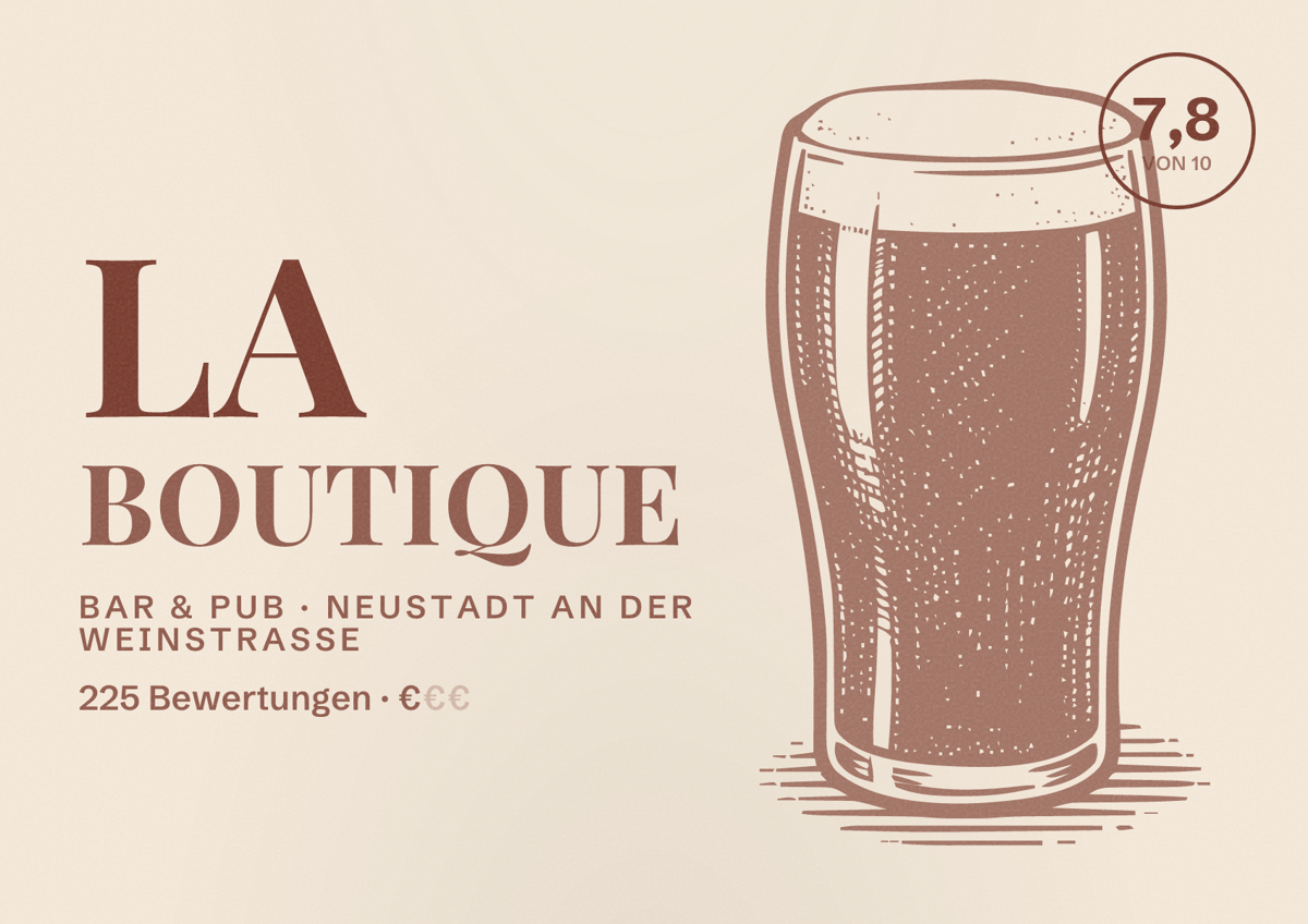 Illustriertes Poster von La Boutique, Bar & Pub in Neustadt an der Weinstraße: Bewertung 7,8 von 10 aus 225 Bewertungen, Preisniveau €