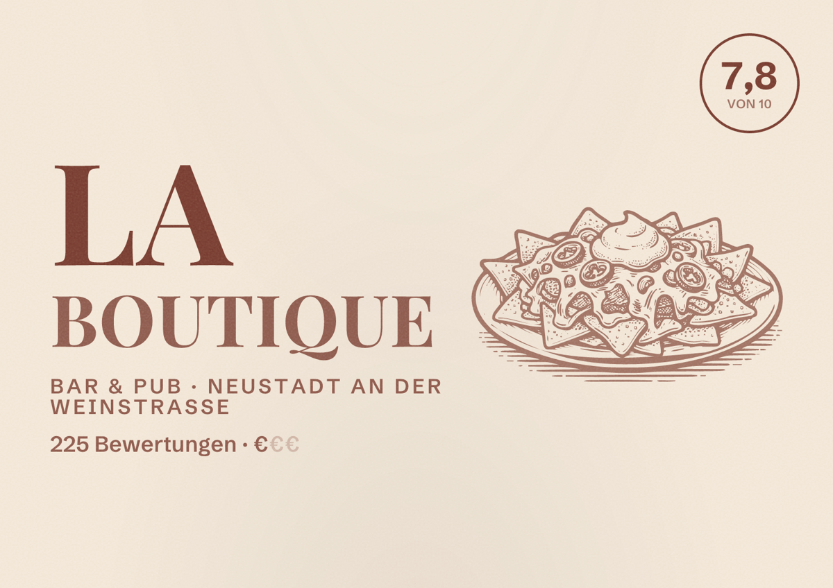Illustriertes Poster von La Boutique, Bar & Pub in Neustadt an der Weinstraße: Bewertung 7,8 von 10 aus 225 Bewertungen, Preisniveau €