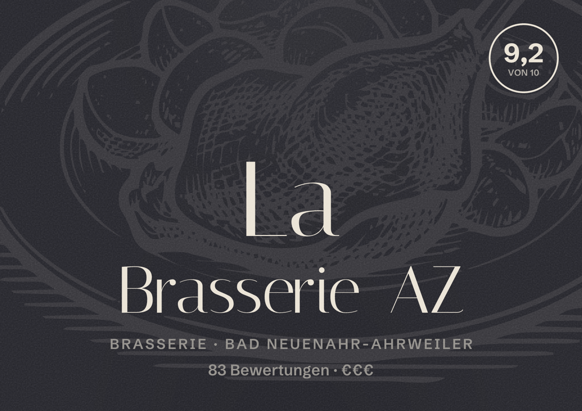 Illustriertes Poster von La Brasserie AZ, Brasserie in Bad Neuenahr-Ahrweiler: Bewertung 9,2 von 10 aus 83 Bewertungen, Preisniveau €€€