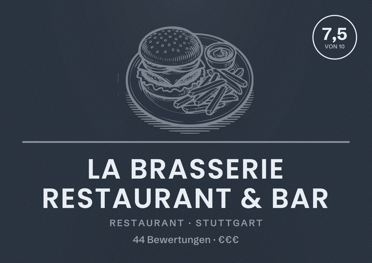 Illustriertes Poster von La Brasserie Restaurant & Bar, Restaurant in Stuttgart: Bewertung 7,5 von 10 aus 44 Bewertungen, Preisniveau €€€