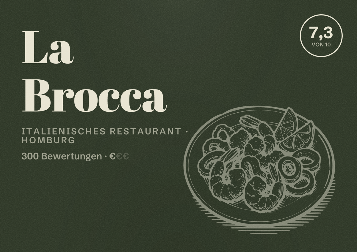 Illustriertes Poster von La Brocca, Italienisches Restaurant in Homburg: Bewertung 7,3 von 10 aus 300 Bewertungen, Preisniveau €
