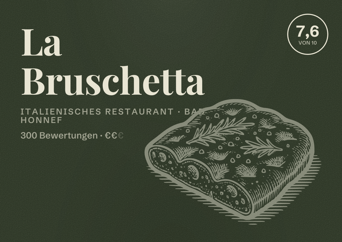 Illustriertes Poster von La Bruschetta, Italienisches Restaurant in Bad Honnef: Bewertung 7,6 von 10 aus 300 Bewertungen, Preisniveau €€