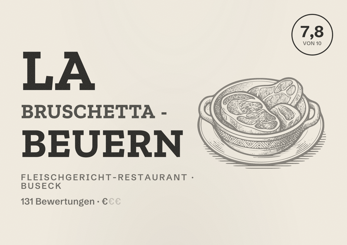 Illustriertes Poster von La Bruschetta - Beuern, Fleischgericht-Restaurant in Buseck: Bewertung 7,8 von 10 aus 131 Bewertungen, Preisniveau €