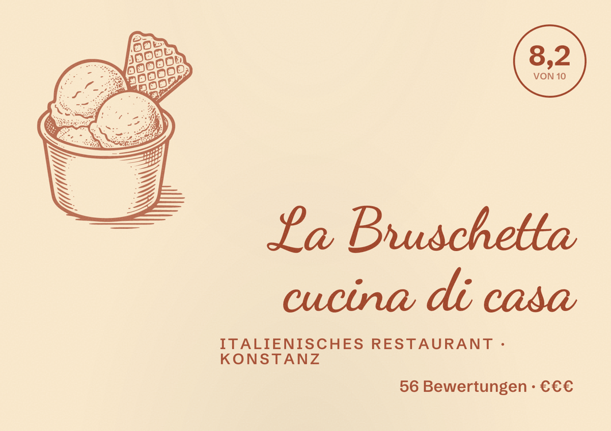 Illustriertes Poster von La Bruschetta cucina di casa, Italienisches Restaurant in Konstanz: Bewertung 8,2 von 10 aus 56 Bewertungen, Preisniveau €€€