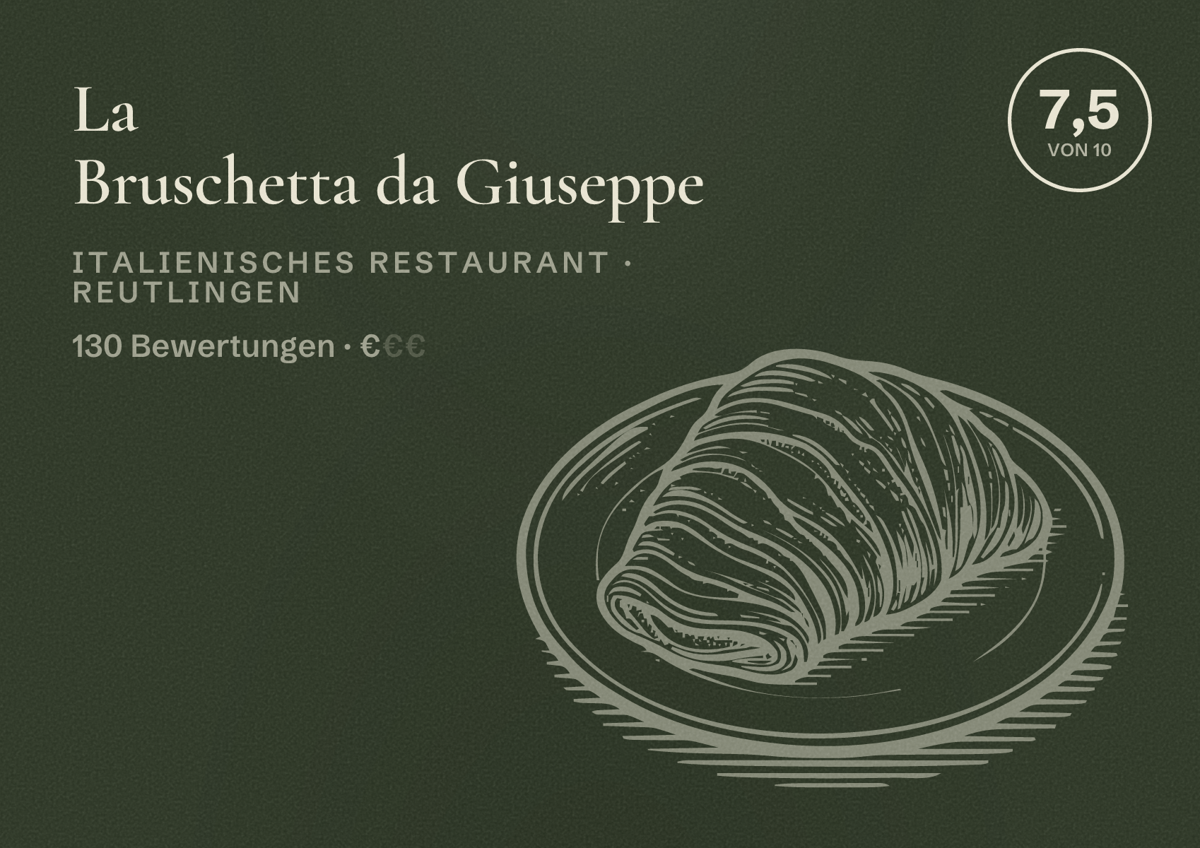 Illustriertes Poster von La Bruschetta da Giuseppe, Italienisches Restaurant in Reutlingen: Bewertung 7,5 von 10 aus 130 Bewertungen, Preisniveau €