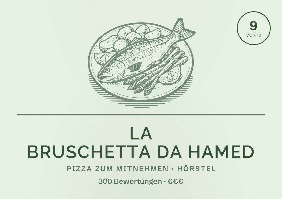 Illustriertes Poster von La Bruschetta da Hamed, Pizza zum Mitnehmen in Hörstel: Bewertung 9 von 10 aus 300 Bewertungen, Preisniveau €€€