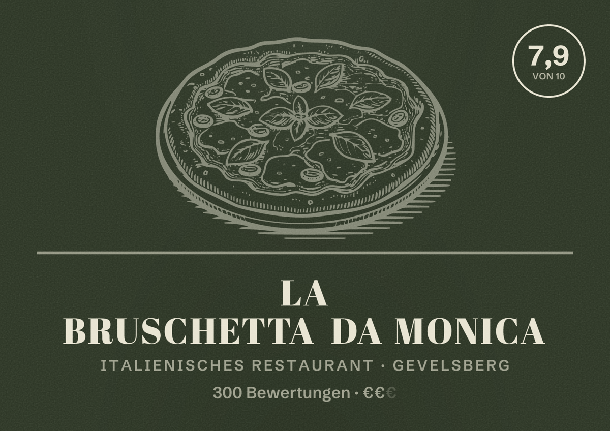 Illustriertes Poster von La Bruschetta Da Monica, Italienisches Restaurant in Gevelsberg: Bewertung 7,9 von 10 aus 300 Bewertungen, Preisniveau €€