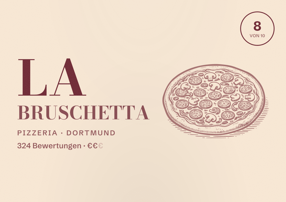 Illustriertes Poster von La Bruschetta, Pizzeria in Dortmund: Bewertung 8 von 10 aus 324 Bewertungen, Preisniveau €€