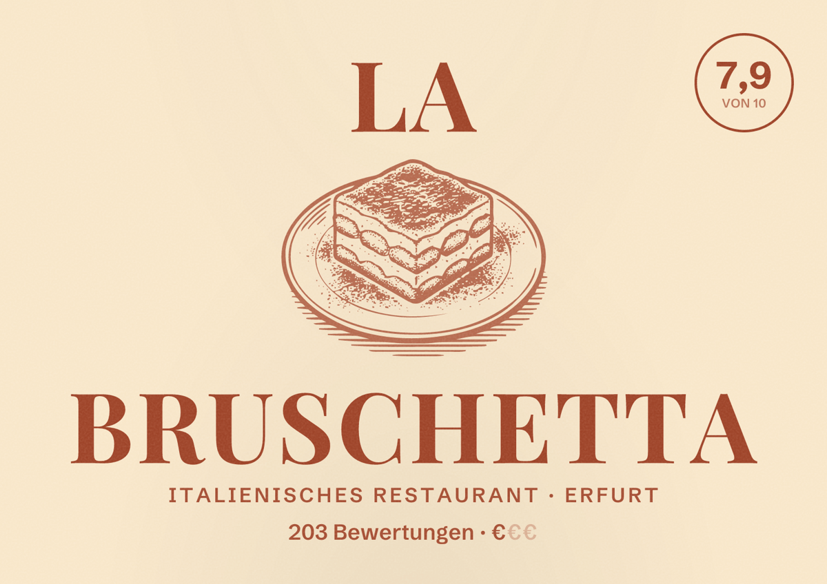 Illustriertes Poster von La Bruschetta, Italienisches Restaurant in Erfurt: Bewertung 7,9 von 10 aus 203 Bewertungen, Preisniveau €