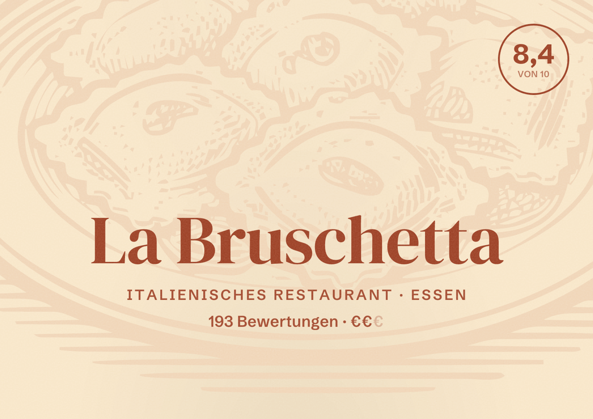 Illustriertes Poster von La Bruschetta, Italienisches Restaurant in Essen: Bewertung 8,4 von 10 aus 193 Bewertungen, Preisniveau €€