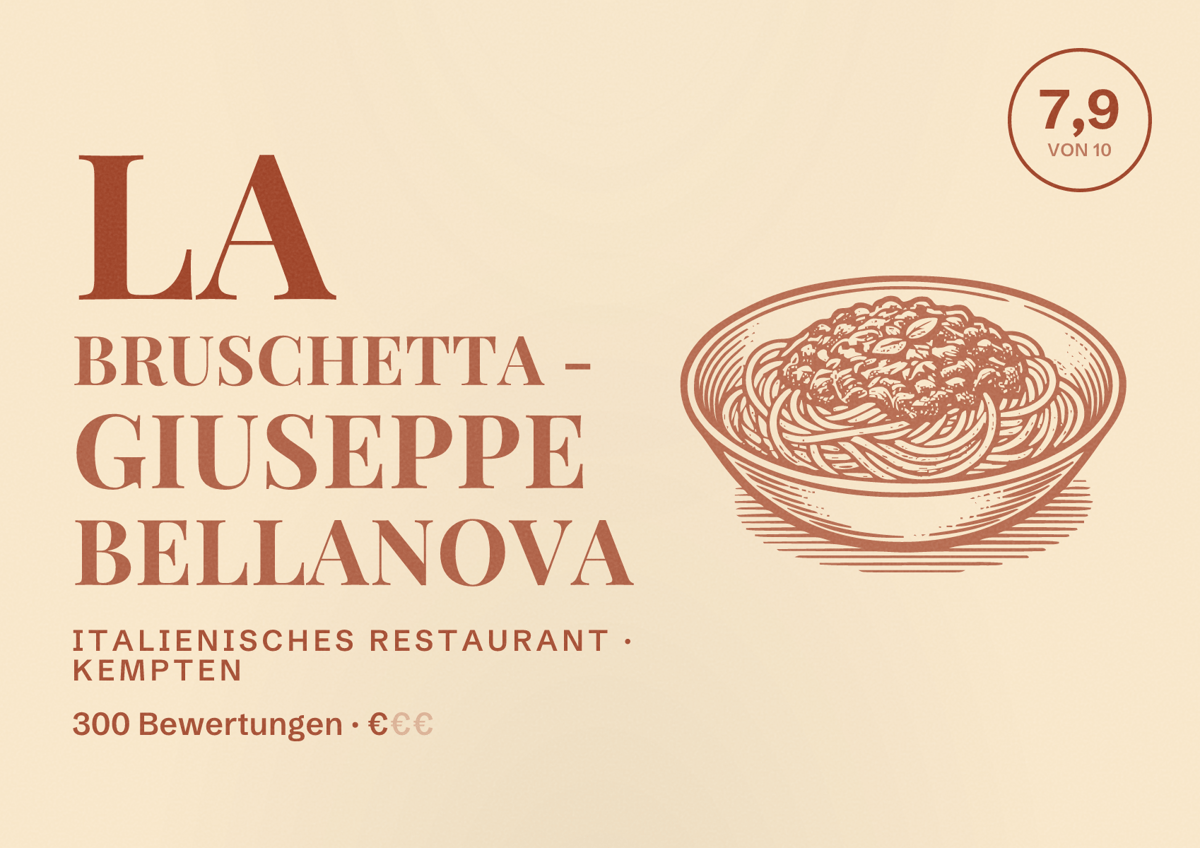 Illustriertes Poster von La Bruschetta - Giuseppe Bellanova, Italienisches Restaurant in Kempten: Bewertung 7,9 von 10 aus 300 Bewertungen, Preisniveau €