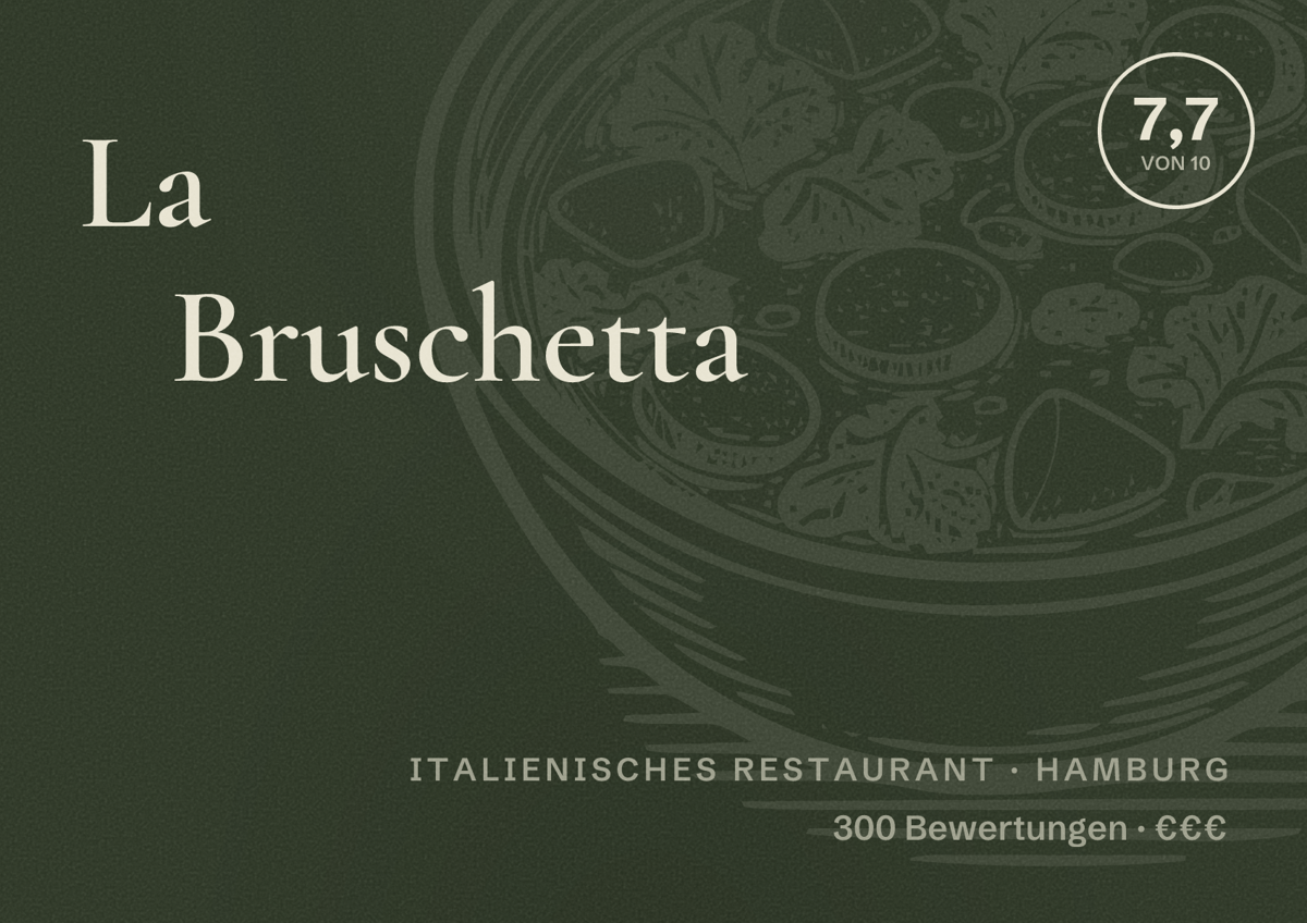 Illustriertes Poster von La Bruschetta, Italienisches Restaurant in Hamburg: Bewertung 7,7 von 10 aus 300 Bewertungen, Preisniveau €€€