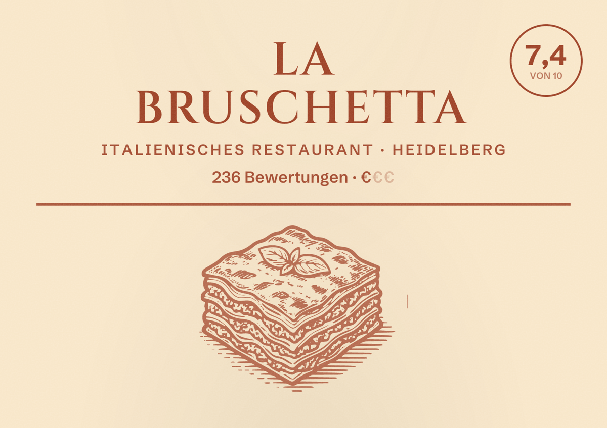 Illustriertes Poster von La Bruschetta, Italienisches Restaurant in Heidelberg: Bewertung 7,4 von 10 aus 236 Bewertungen, Preisniveau €