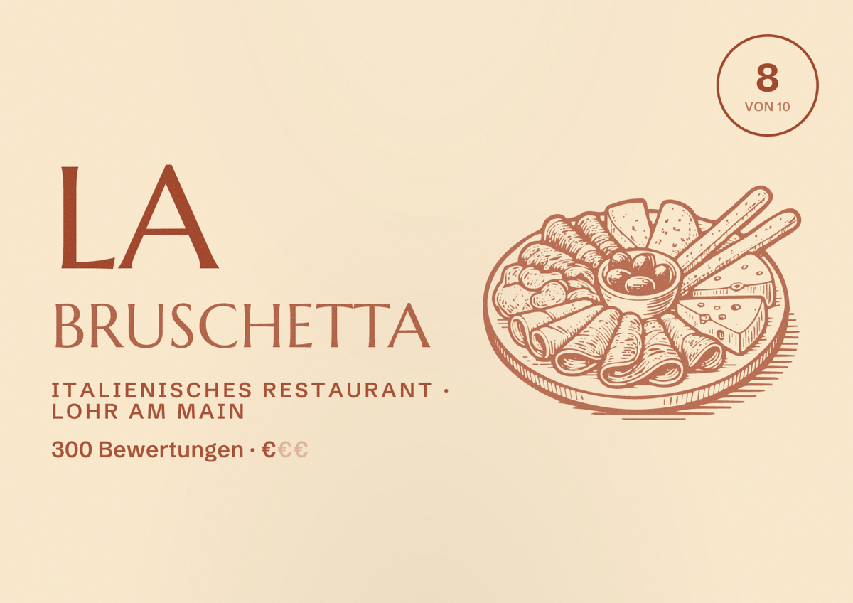 Illustriertes Poster von La Bruschetta, Italienisches Restaurant in Lohr am Main: Bewertung 8 von 10 aus 300 Bewertungen, Preisniveau €