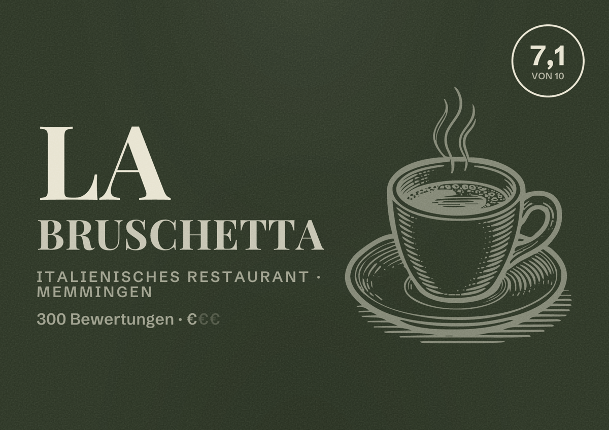 Illustriertes Poster von La Bruschetta, Italienisches Restaurant in Memmingen: Bewertung 7,1 von 10 aus 300 Bewertungen, Preisniveau €