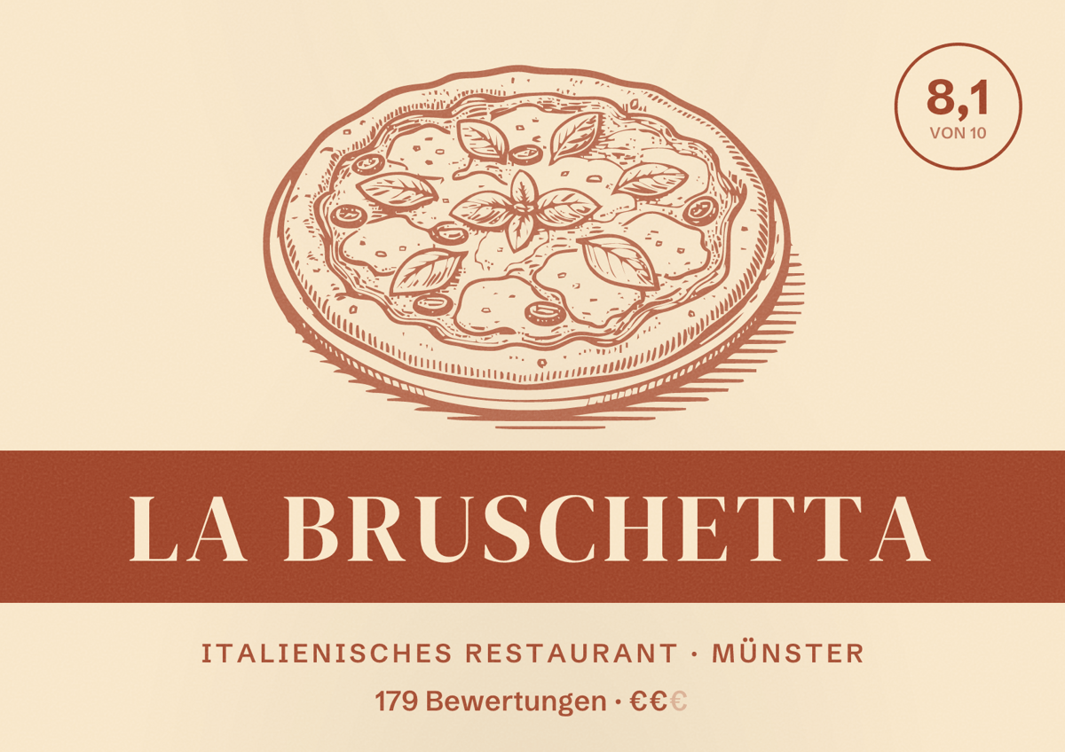 Illustriertes Poster von La Bruschetta, Italienisches Restaurant in Münster: Bewertung 8,1 von 10 aus 179 Bewertungen, Preisniveau €€