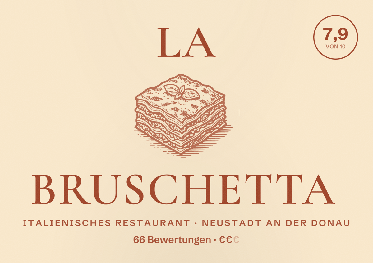 Illustriertes Poster von La Bruschetta, Italienisches Restaurant in Neustadt an der Donau: Bewertung 7,9 von 10 aus 66 Bewertungen, Preisniveau €€