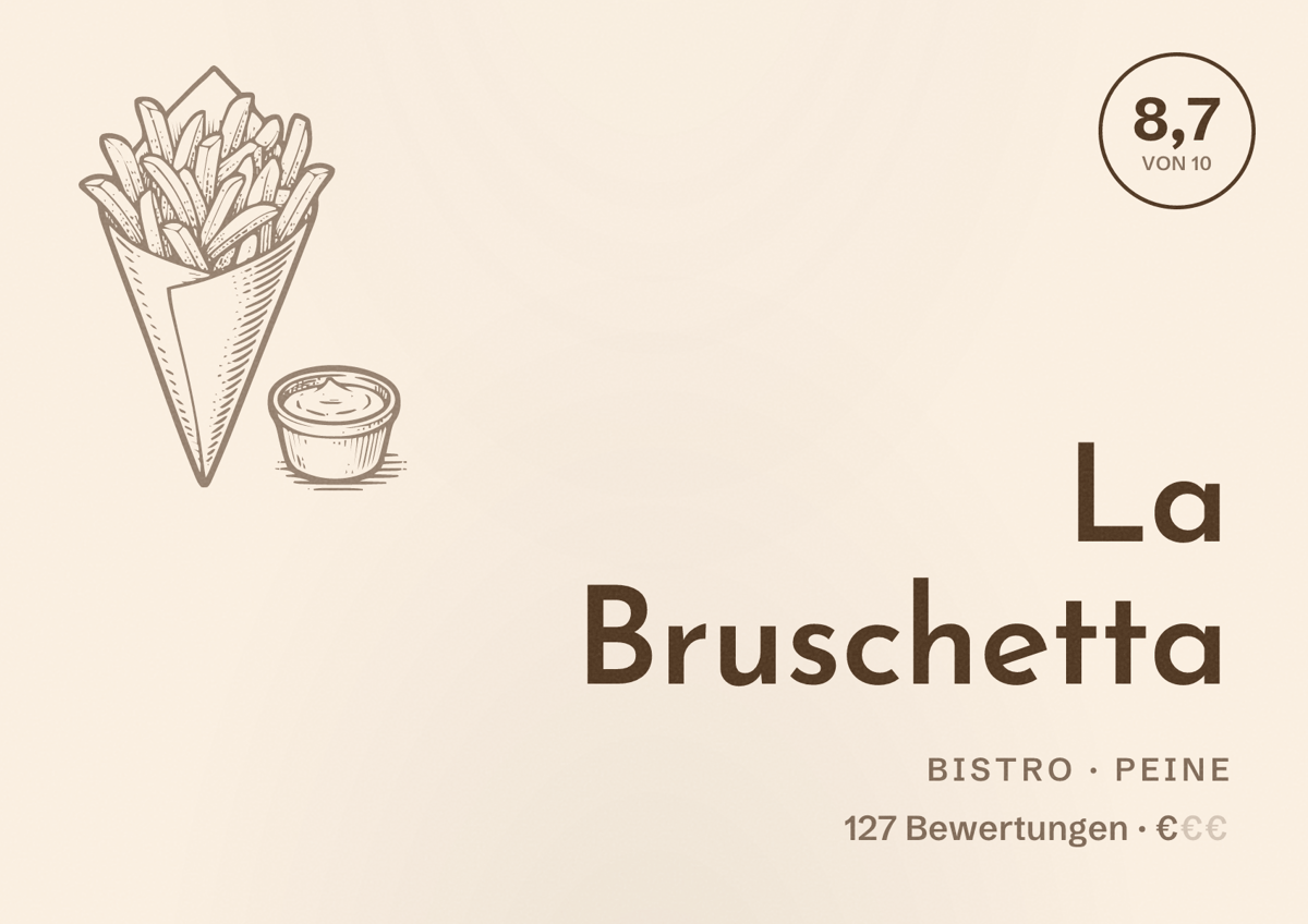 Illustriertes Poster von La Bruschetta, Bistro in Peine: Bewertung 8,7 von 10 aus 127 Bewertungen, Preisniveau €