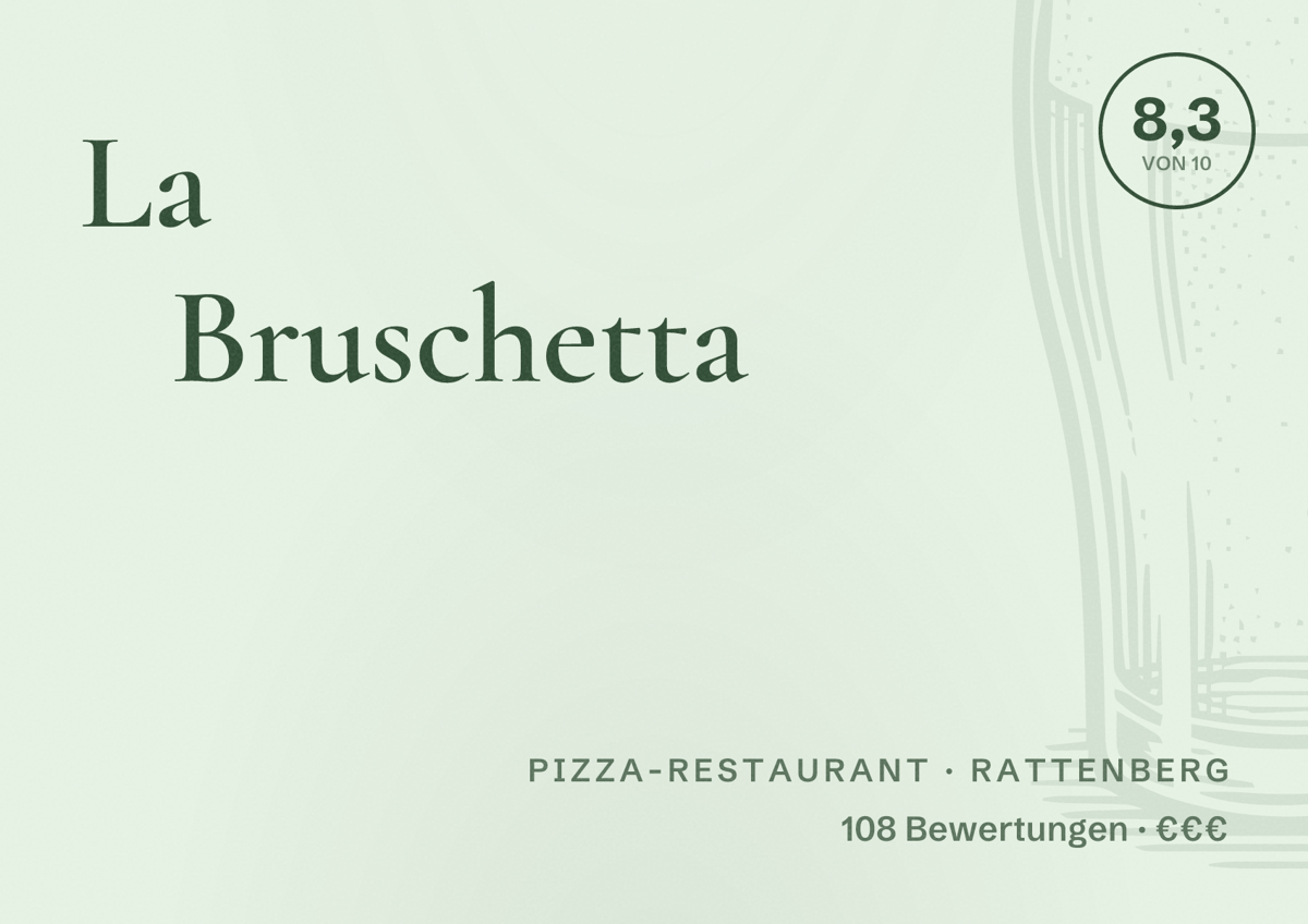 Illustriertes Poster von La Bruschetta, Pizza-Restaurant in Rattenberg: Bewertung 8,3 von 10 aus 108 Bewertungen, Preisniveau €€€