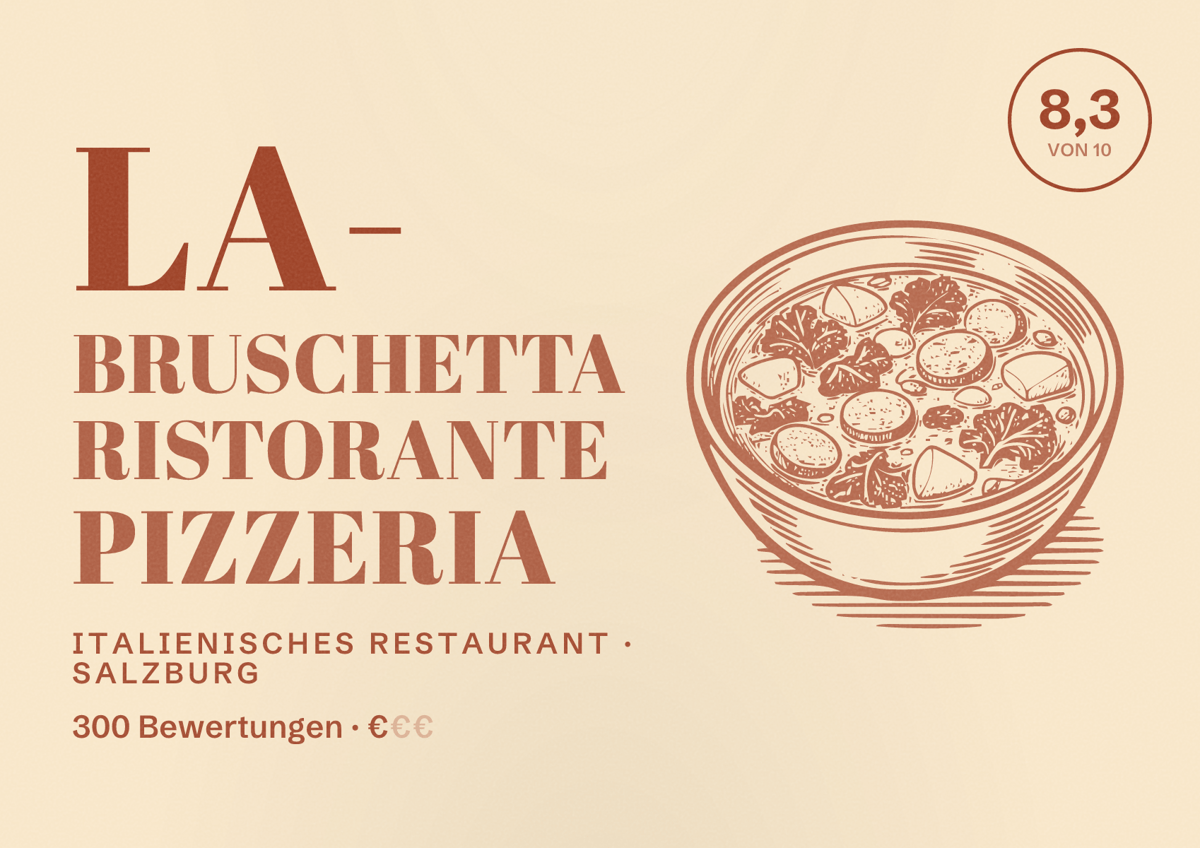 Illustriertes Poster von La- Bruschetta Ristorante Pizzeria, Italienisches Restaurant in Salzburg: Bewertung 8,3 von 10 aus 300 Bewertungen, Preisniveau €