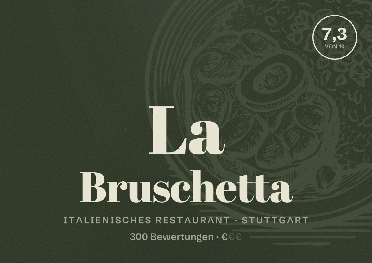 Illustriertes Poster von La Bruschetta, Italienisches Restaurant in Stuttgart: Bewertung 7,3 von 10 aus 300 Bewertungen, Preisniveau €