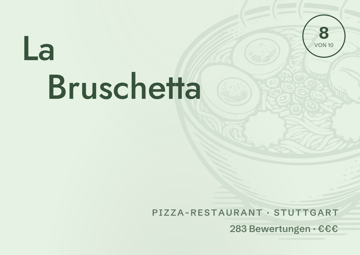 Illustriertes Poster von La Bruschetta, Pizza-Restaurant in Stuttgart: Bewertung 8,0 von 10 aus 283 Bewertungen, Preisniveau €€€