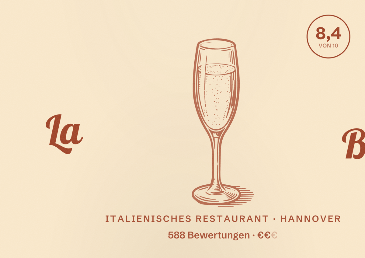 Illustriertes Poster von La Buca, Italienisches Restaurant in Hannover: Bewertung 8,4 von 10 aus 588 Bewertungen, Preisniveau €€