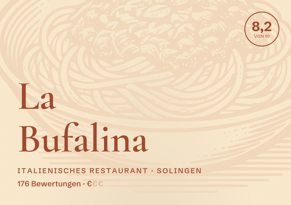 Illustriertes Poster von La Bufalina, Italienisches Restaurant in Solingen: Bewertung 8,2 von 10 aus 176 Bewertungen, Preisniveau €