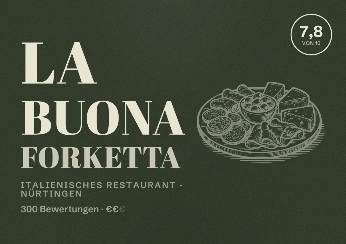Illustriertes Poster von La buona Forketta, Italienisches Restaurant in Nürtingen: Bewertung 7,8 von 10 aus 300 Bewertungen, Preisniveau €€