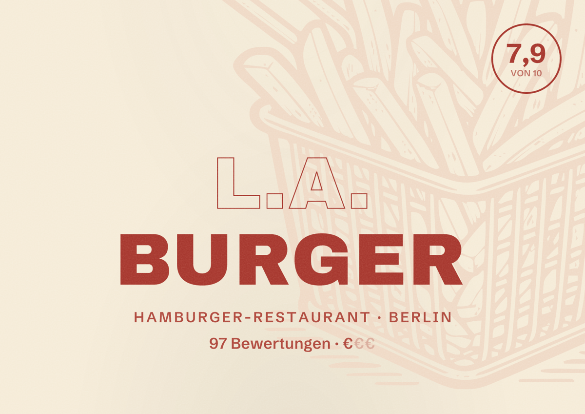 Illustriertes Poster von L.A. Burger, Hamburger-Restaurant in Berlin: Bewertung 7,9 von 10 aus 97 Bewertungen, Preisniveau €