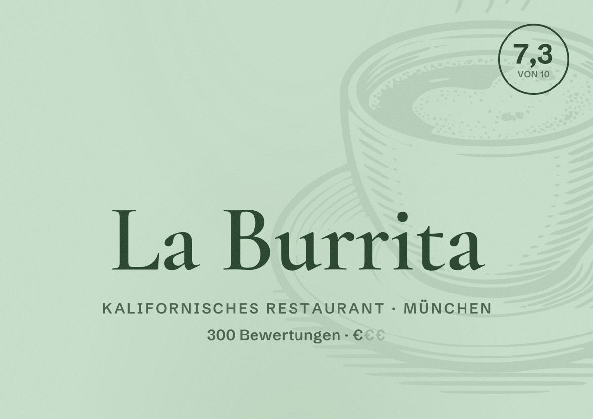 Illustriertes Poster von La Burrita, Kalifornisches Restaurant in München: Bewertung 7,3 von 10 aus 300 Bewertungen, Preisniveau €